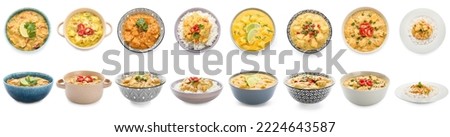 Collage of tasty chicken curry on white background Royalty-Free Stock Photo #2224643587