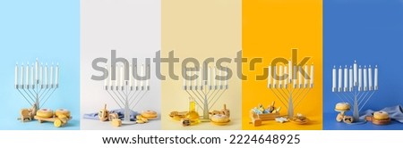 Collage with menorahs, dreidels and treats for Hanukkah celebration on color background Royalty-Free Stock Photo #2224648925