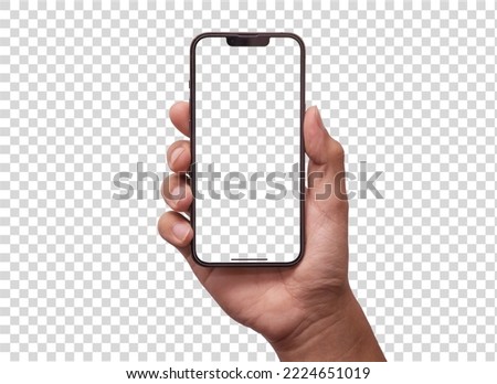 Mockup phone hand - clipping path , black smartphone blank screen and modern frameless design, hold Mobile phone on transparent background Ideal for marketing 