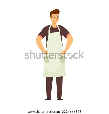 Baker man in apron equipment for cake, bread and other food cooking with flour, mixer and baking cartoon vector illustration