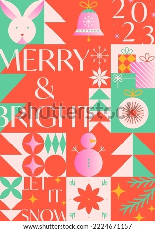 Christmas and Happy New Year greeting banner template.Festive vector background in bauhaus style with traditional winter holiday symbols.Xmas trendy design for branding,invitations,prints,social media