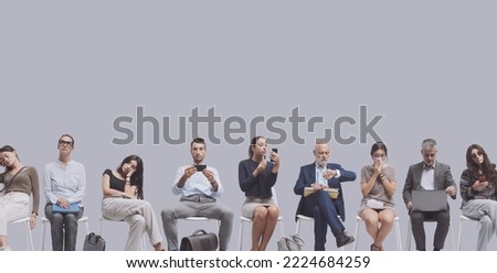 Funny job candidates in the waiting room, they are sitting on chairs and getting bored, employment and recruitment concept