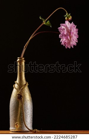 Homemade vase from a vine bottle with a pink dahlia flower on a dark background