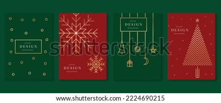 Luxury christmas invitation card art deco design vector. Snow, snowflake, bauble, christmas tree line art on green background. Design illustration for cover, greeting card, print, poster, wallpaper.