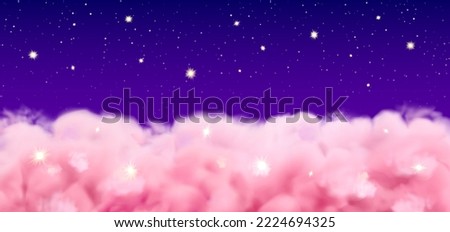 Pink clouds night background. Vector realistic dreamy sky with stars. Above the clouds in dark heaven, web banner template of dawn or dusk Royalty-Free Stock Photo #2224694325