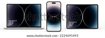 Modern laptop mockup front view and high quality smartphone and tablet mockup isolated on white background. Notebook mockup and phone device mockup for ui ux app and website presentation.Stock Vector. Royalty-Free Stock Photo #2224695493