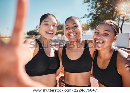 Selfie, sports and friends in collaboration at a stadium for fitness, running and marathon. Training, teamwork and hand of a woman with a photo with athlete group at a sport competition by a field