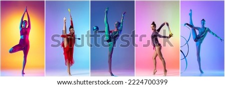 Collage. Portraits of young women, female rhythmic gymnast performing, and doing yoga on multicolored background in neon light. Concept of action, sport life, motivation, competition, healhy lifestyle