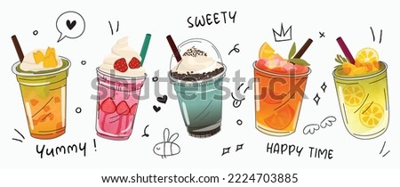 Bubble milk tea Special Promotions design, Boba milk tea, Pearl milk tea, Yummy drinks, coffees, sparkling soft drinks with logo and doodle style advertisement banner, poster. Vector illustration. Royalty-Free Stock Photo #2224703885