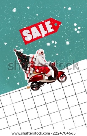 Composite collage image of funny funky driving scooter santa claus sunglass new year tree presents gifts delivery sale label discount