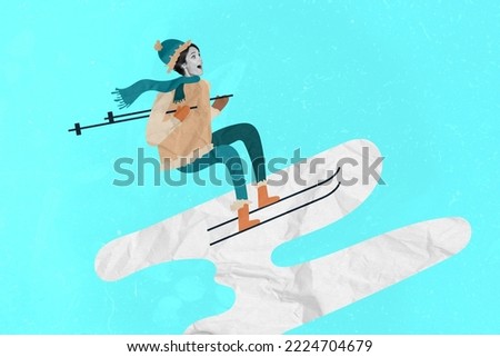 Creative collage picture of excited overjoyed girl black white colors free ride skiing have fun isolated on drawing background