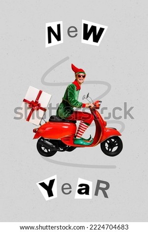 Vertical collage image of excited funky elf guy driving moped bike deliver giftbox new year text isolated on creative background