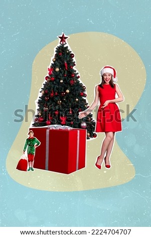 Creative abstract template collage of beautiful young woman impressed point little tiny elf helper workshop christmas tree present