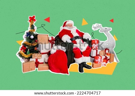 Creative collage image of grandfather santa claus sitting armchair prepare pile stack giftbox presents isolated on green background