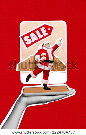 Creative abstract template collage of arm holding device gadget screen santa claus holding present gift cardboard plane wings flying