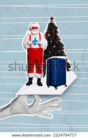 Collage 3d image of pinup pop retro sketch of arm holding santa claus little plane flying traveling suitcase new year christmas tree