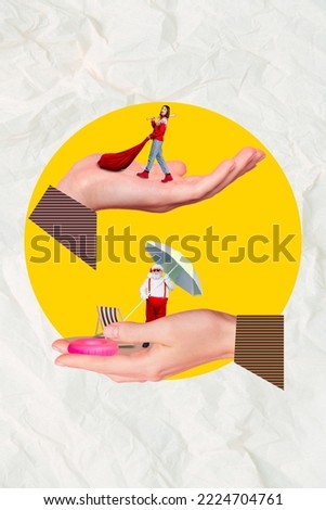 Composite collage picture image of arms holding young woman baseball bat red bag stack santa claus relax rest summer vacation resort beach