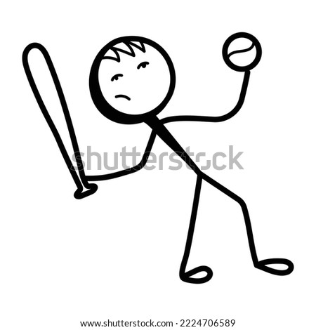 Trendy baseball player stick figure, hand drawn icon 