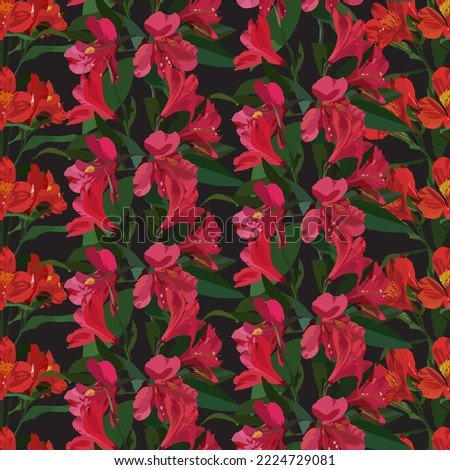 Vector seamless pattern with red alstroemeria or Peruvian Lily flowers. Floral background, wallpaper.