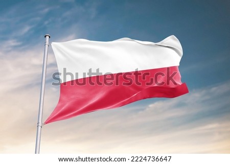 Waving Flag of Poland in Blue Sky. Poland Flag on pole for Independence day. The symbol of the state on wavy fabric. Royalty-Free Stock Photo #2224736647