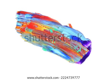 Different colorful paint samples on white background, top view