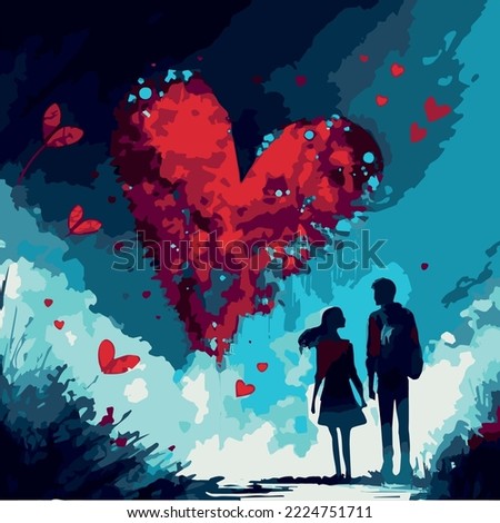 Young couple love vector art. Illustration of romance. Cute cartoon romantic realtionship. Card for dating. Heart symbol. Isolated young love. Silhouette, of new love Kissing in a romantic setting art Royalty-Free Stock Photo #2224751711