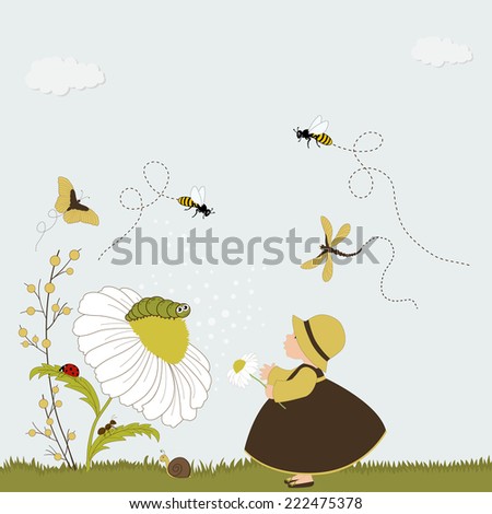 Cute girl in garden with chamomile and insects
