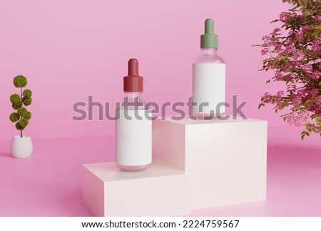 Serum and peptides skin care product on pink background . Mockup serum with realistic render background. Mock up packaging, cosmetics design branding.