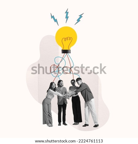 Contemporary artwork. Creative design. group of people, employees working together to create new profitable idea. Concept of business, success, growth, teamwork, career development. Copy space for ad Royalty-Free Stock Photo #2224761113
