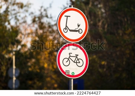 Icon no electric scooter and bicycle  road sign. Image transport prohibitive electric scooter and bicycle road sign. 
