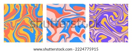 1970 swirl seamless pattern set. Wavy psychedelic trippy textures. Aesthetic curvy strips. Flowing liquids fantasy marble background. Vector illustration.