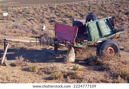 Old, broken horse cart made of painted wood and car tyres, in the veld.