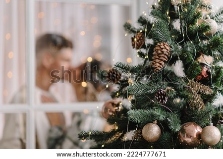 Christmas tree with garlands. Man kissing woman in decorated interior room. Couple enjoying winter time together on holidays. Happy New Year and Merry Christmas. Xmas at home. View through the window.