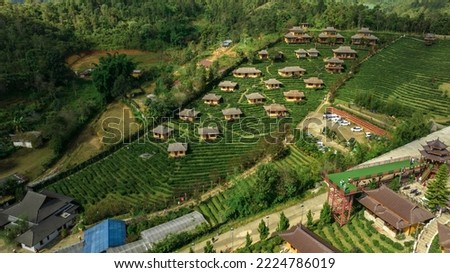 Aerial view resort in green tea plantation on the hill at Ban Rak Thai village, chinese style hotel and resort, famous tourist attractions is another landmark of Mae Hong Son, Province Thailand.  Royalty-Free Stock Photo #2224786019