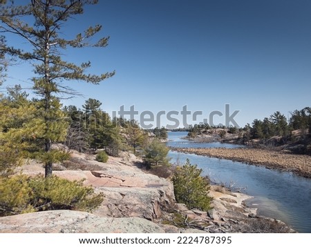 Scenic view of river flowing by trees and rock formations against clear blue sky in forest during sunny day Royalty-Free Stock Photo #2224787395