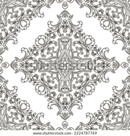 Baroque seamless pattern. Black and white floral Damask background wallpaper fabric with vintage lines flowers, scroll leaves. Antique ornaments in Baroque Victorian style. Endless texture. Isolated.