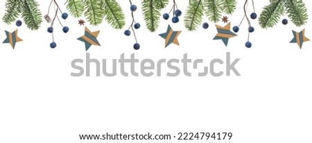 Evergreen tree branch, Xmas star decoration and blue berries. Christmas background border