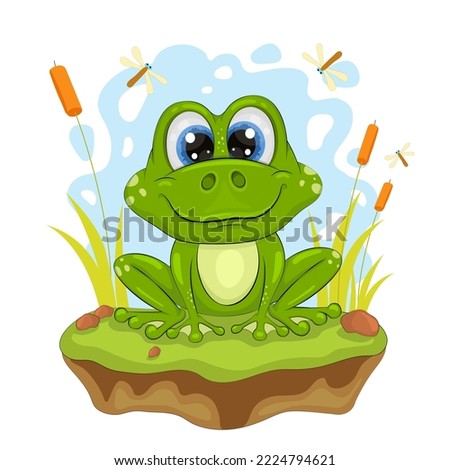 Cute Cartoon Frog. A cartoon green frog sits on the shore in the reeds, mosquitoes fly around. Positive and unique design.