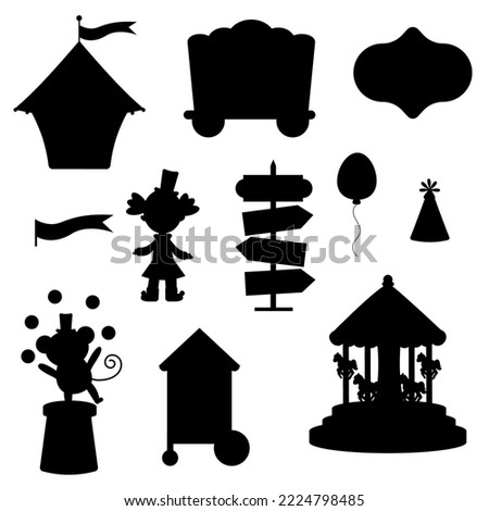 Collection of elements pink circus silhouette. Tent, monkey, doll, carousel, cap, ball, pointer