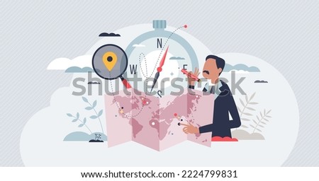 Cartographer occupation with professional mapping work tiny person concept. Map data research and detailed information measurement with country and places location from satellite vector illustration. Royalty-Free Stock Photo #2224799831