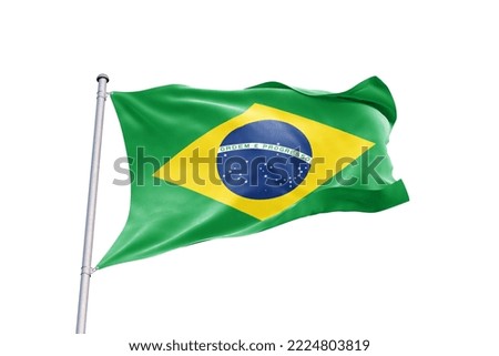 Waving Flag of Brazil in White Background. Brazil Flag on pole for Independence day. The symbol of the state on wavy fabric.