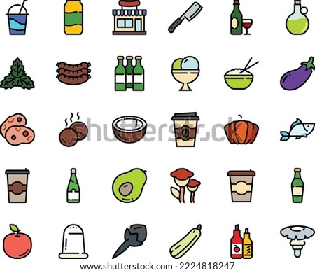 Fodd color icon set - coffee to go, cafe shop, rice bowl, fish, olive oil, wine, sausages, ketchup, ice cream, cocktail, meatballs, chef knife, champagne, beer bottle, aluminium, pumpkin, eggplant