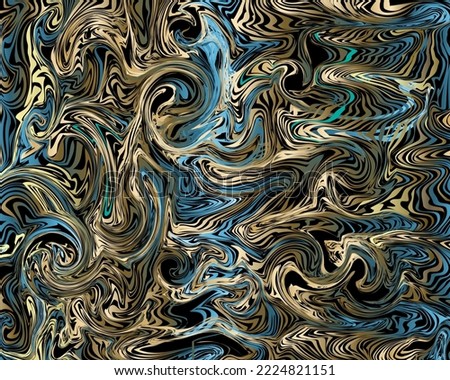 Marble modern 3d background. Fluid surface ornate backdrop. Decorative fantasy ornaments with gold blue swirls, curves, fluids, waves, liquid lines. Trendy ornamental marble style ornate background.