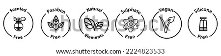 scented-free, Paraben free, Natural elements, sulphate free, vegan, and silicone-free rounded vector icon illustration in black color Royalty-Free Stock Photo #2224823533