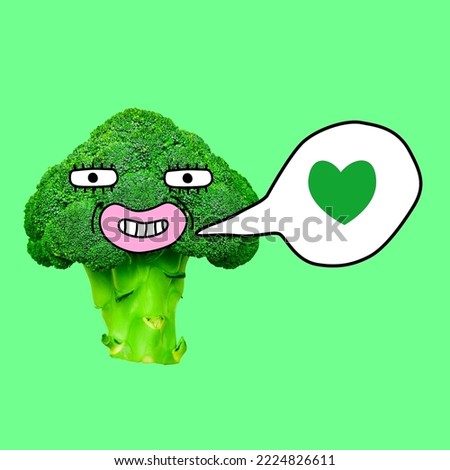 contemporary digital collage art. Go vegan concept. Funny broccoli character