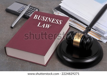 Business law book with a judge gavel
