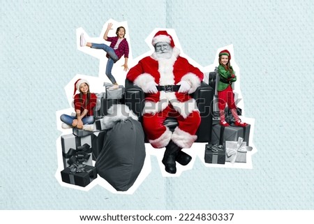 Creative photo 3d collage artwork poster postcard of old funny man santa listen wishes dreams of children isolated on painting background