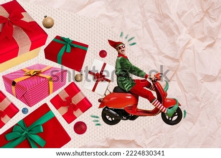 Collage 3d image of pinup pop retro sketch of funny funky energetic elf santa claus helper driving scooter workshop deliver presents gifts