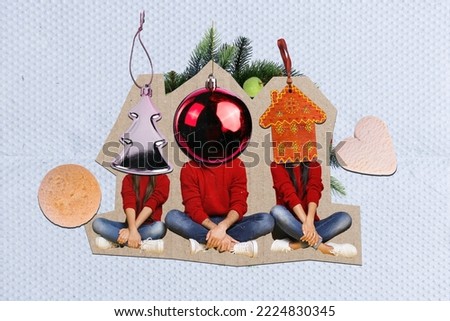 Creative photo 3d collage artwork poster postcard of tree person sitting enjoy holiday toys instead head isolated on painting background