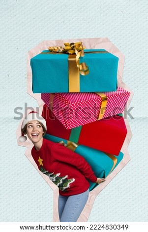 Creative photo 3d collage artwork poster postcard of funny funky girl hold big gift boxes delivery order isolated on painting background